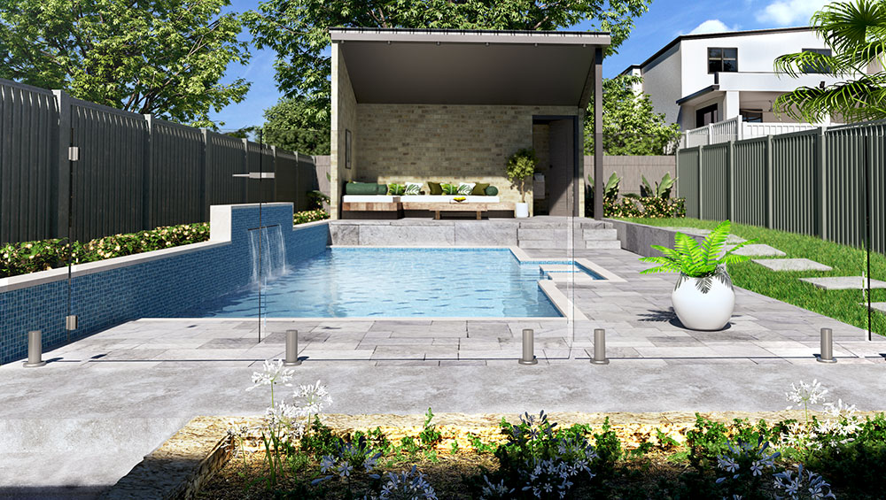 Swimming pool with glass fence and nice lounge area