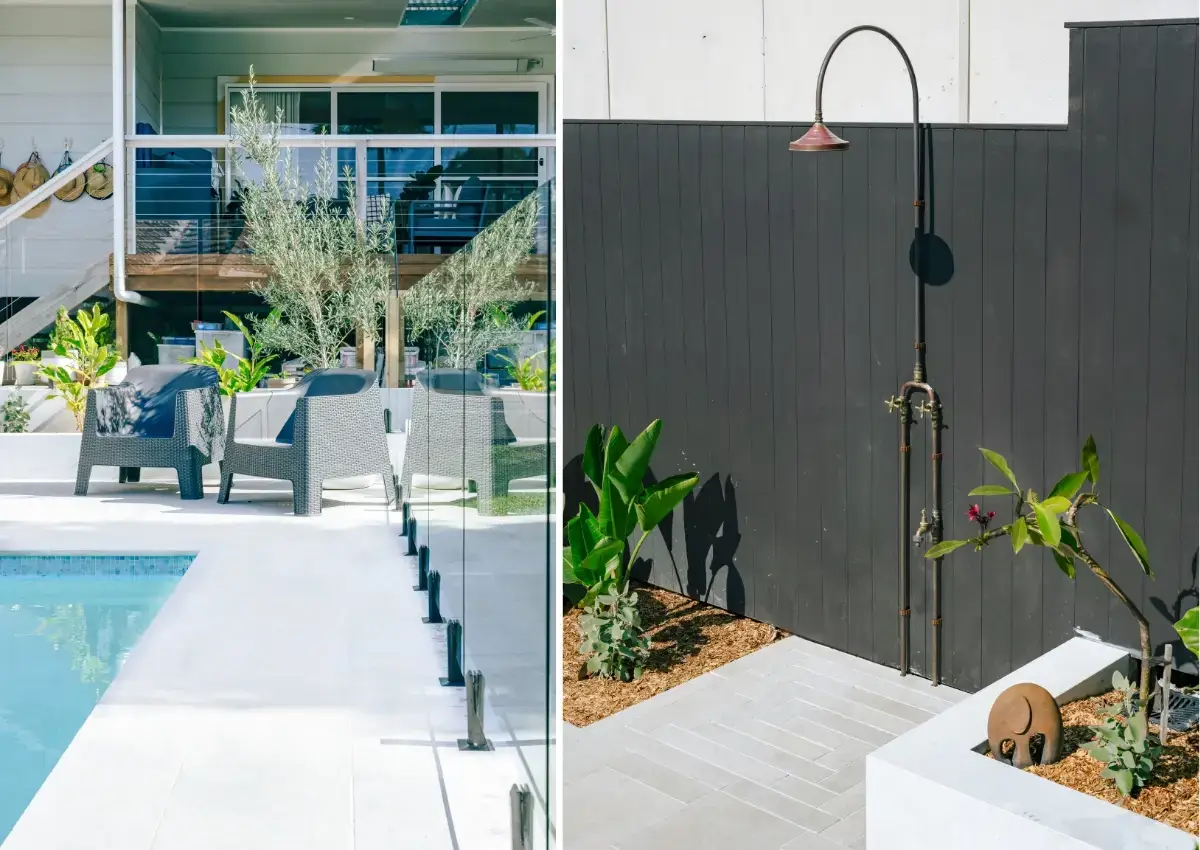 Outdoor shower beside a modern in-ground concrete pool with glass fencing in a Kirrawee backyard