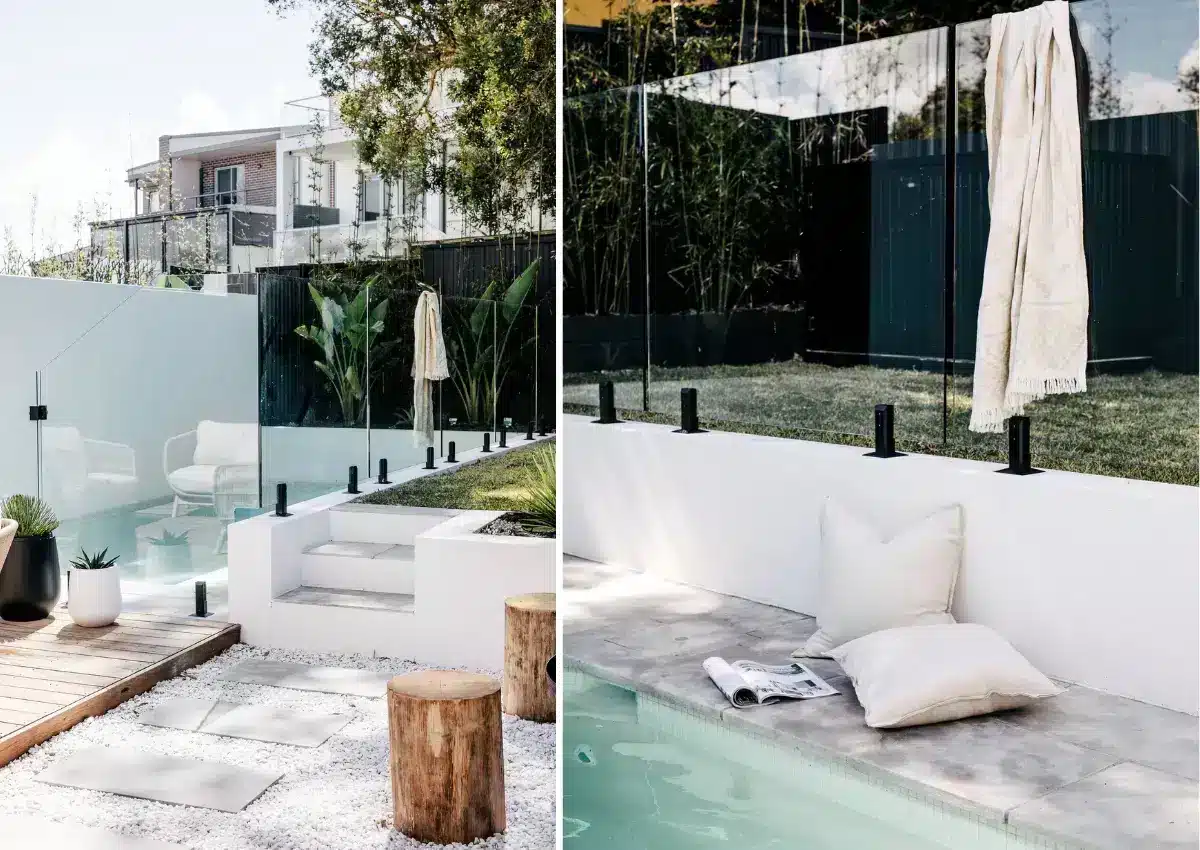 In-ground concrete pool with glass fencing and modern outdoor seating area in Kirrawee, NSW