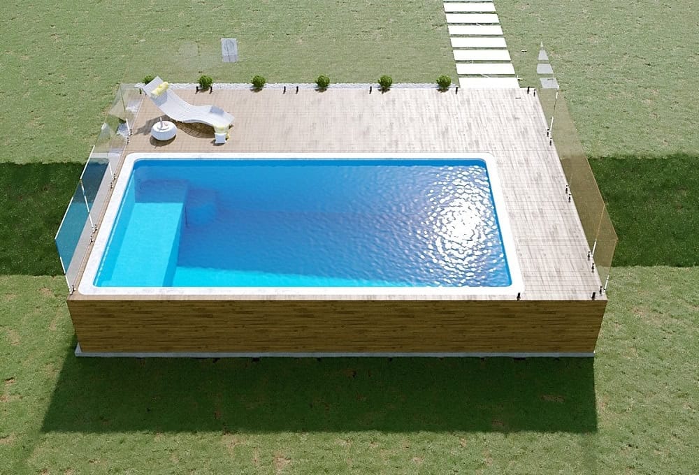 Above ground pool with modern decking and light-blue water finish in a landscaped backyard