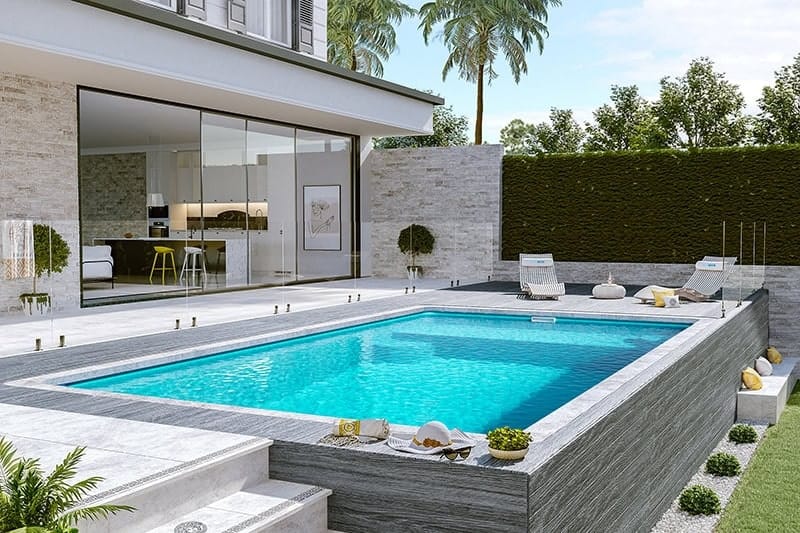 Modern above-ground pool with a raised concrete structure in a contemporary Sydney backyard