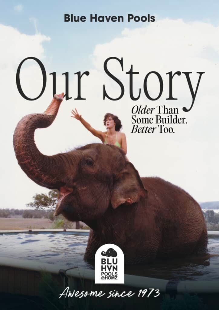 Historical Blue Haven Pools magazine cover showing an elephant and a pool, representing the brand’s story since 1973.