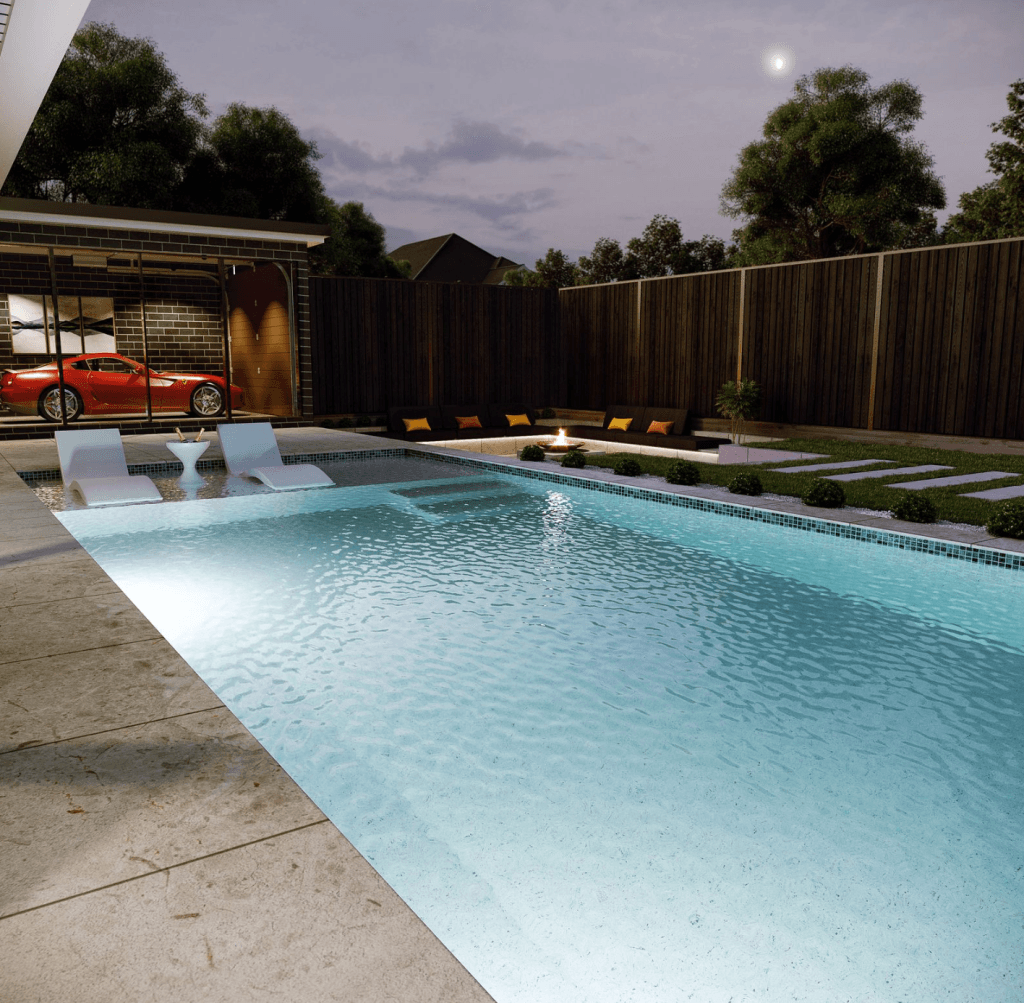 Wet deck pool with underwater lighting at night