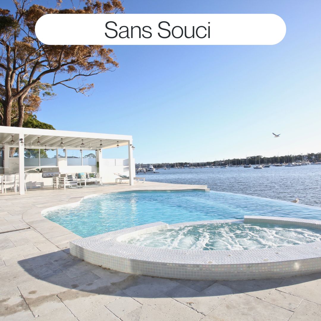 Waterfront swimming pool in Sans Souci with integrated spa, bay views, outdoor entertaining area and luxury coastal pool design