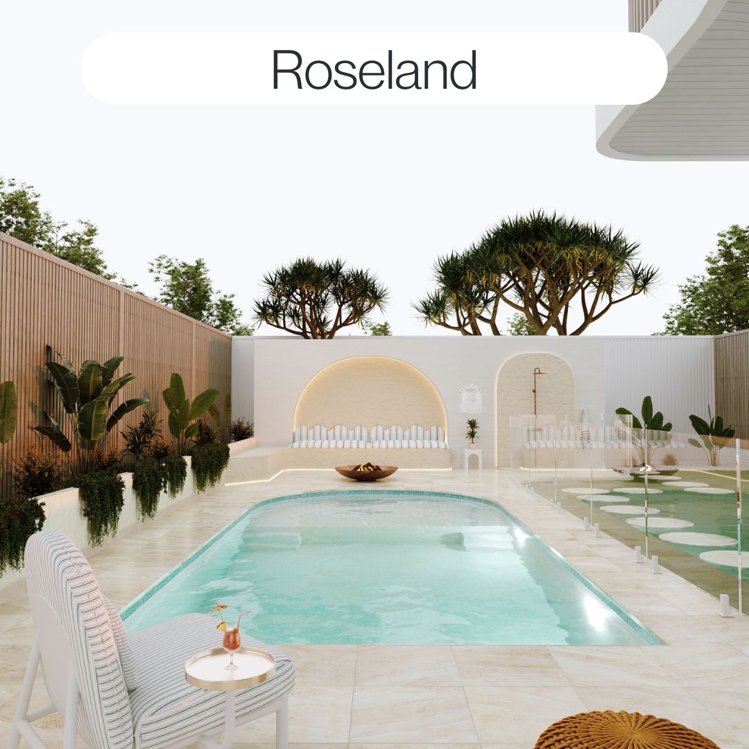 Resort-style backyard swimming pool in Roseland with curved pool shape, tropical landscaping, glass fencing and elegant outdoor living design