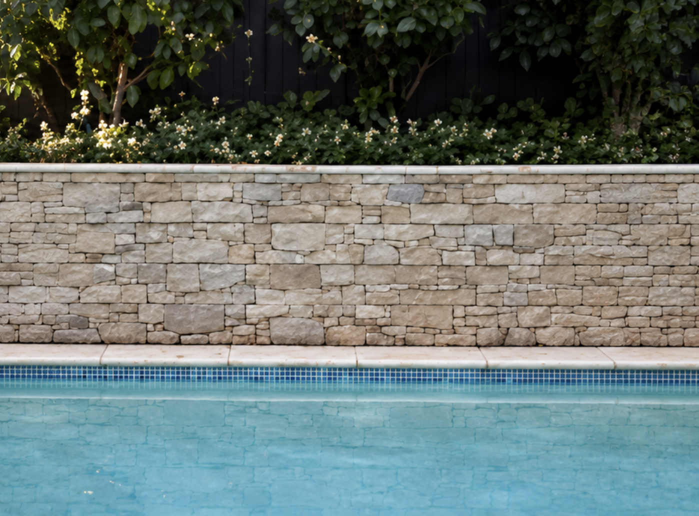 Clean natural pool finishes with stack stone wall, mosaic waterline tiles and blue pool water