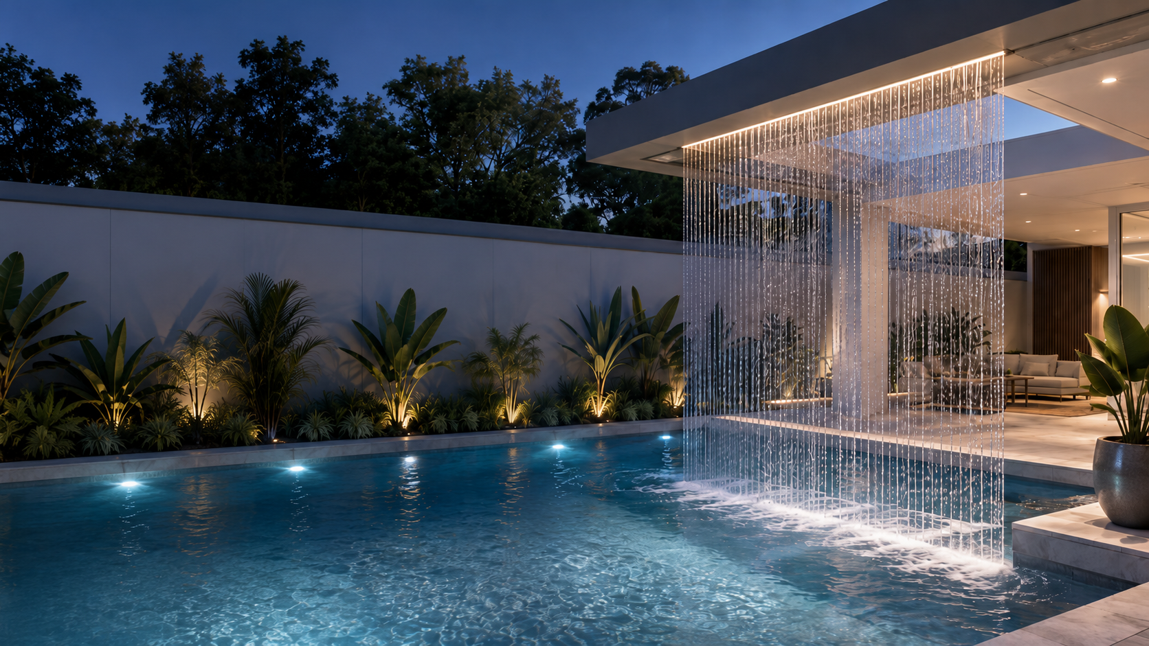 Rain curtain water feature falling from an alfresco roof into a concrete pool