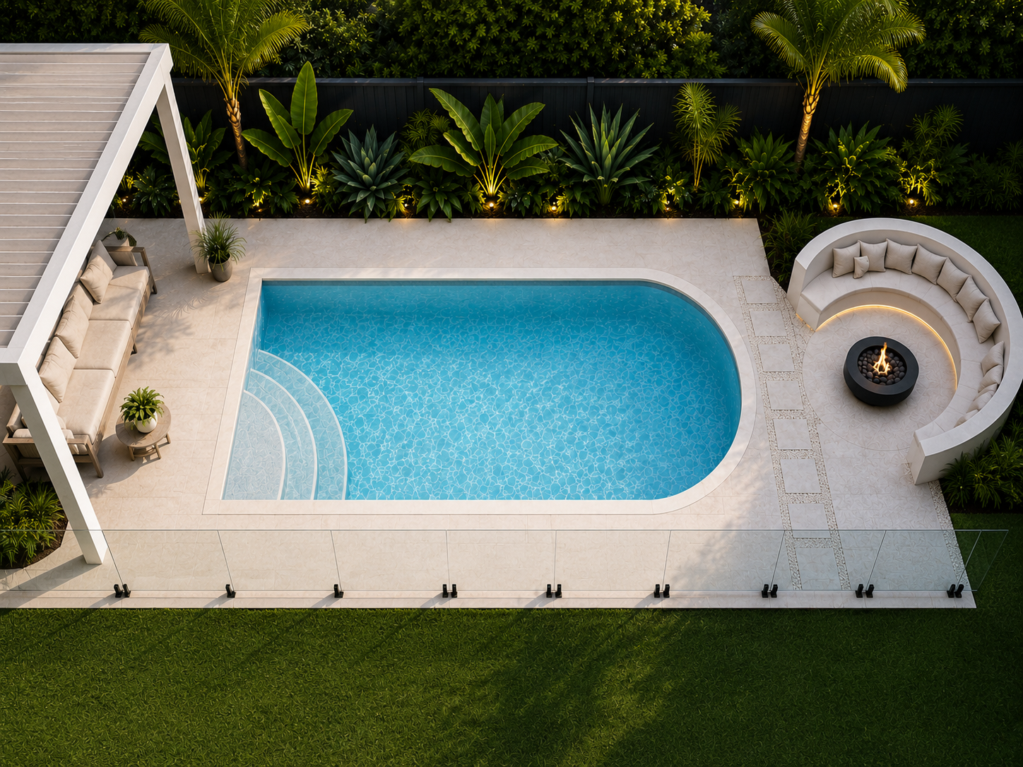 Aerial view of rounded concrete pool design with feature wall and landscaped backyard