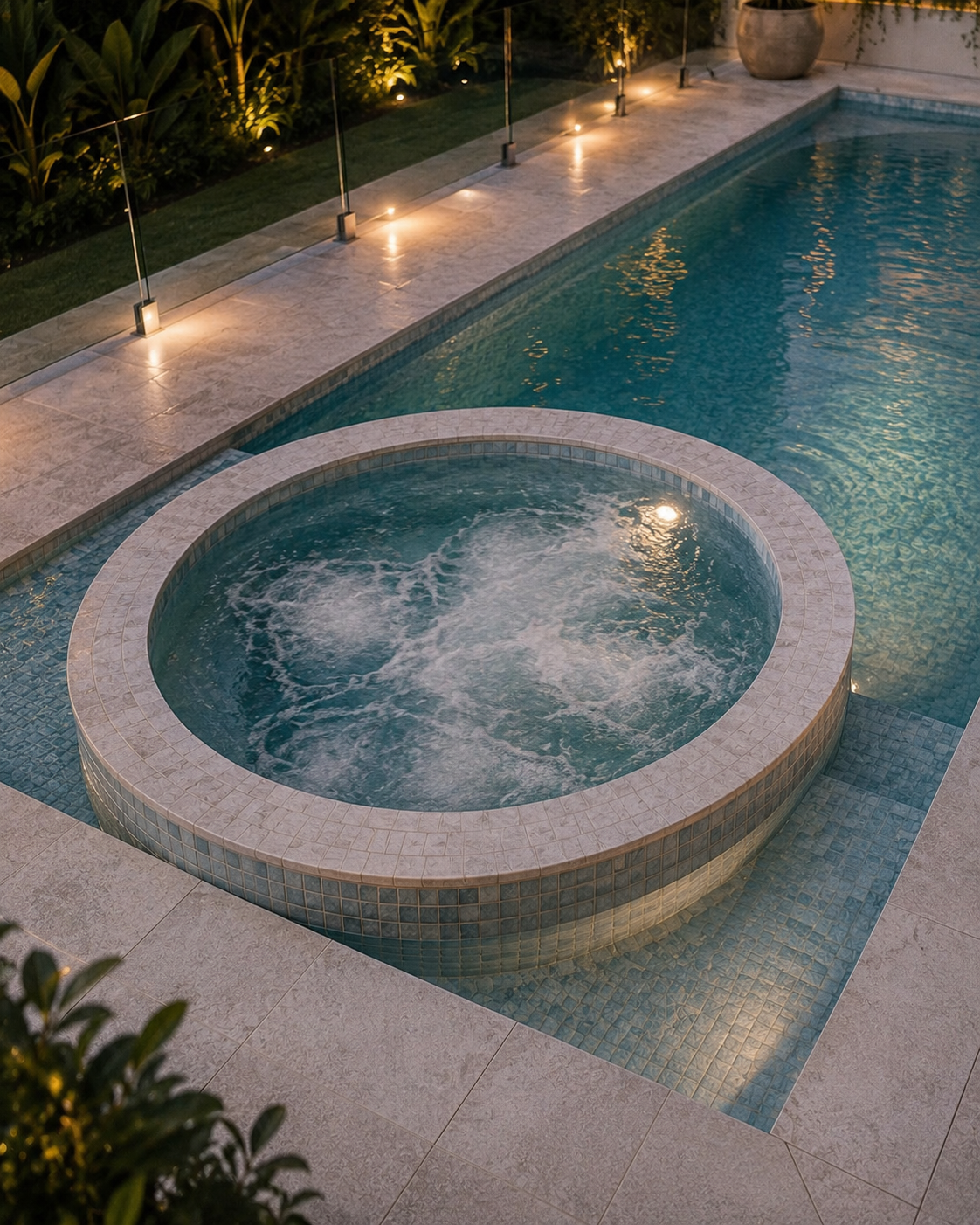 Rectangular concrete pool with an integrated round spa in a landscaped Sydney backyard