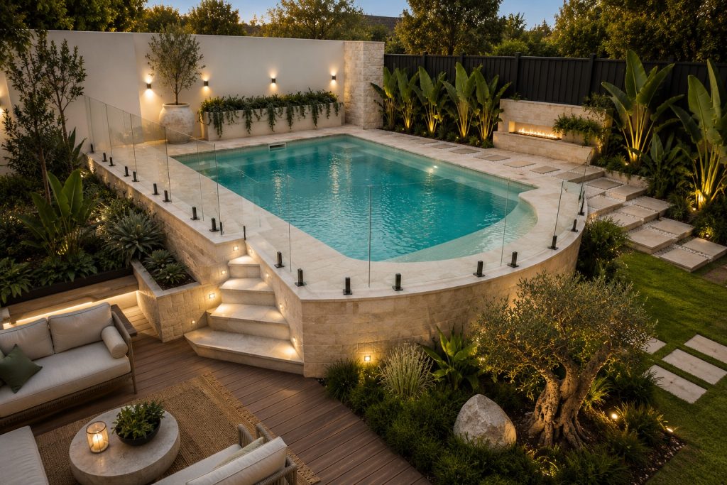Luxury courtyard swimming pool with warm LED lighting and landscaped surrounds