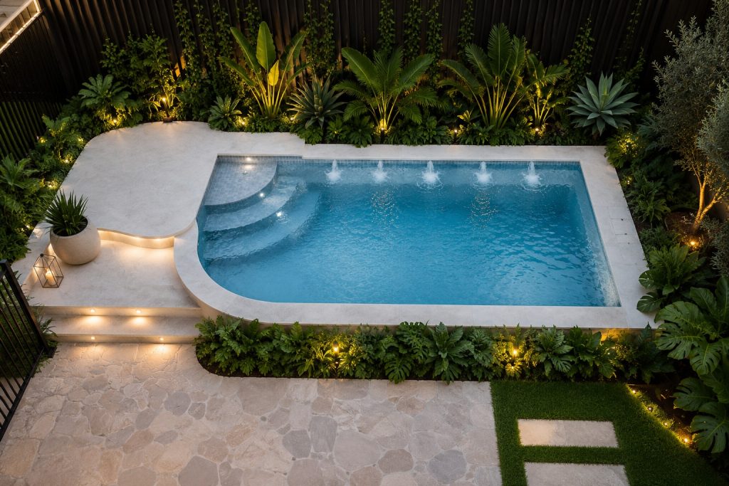 Compact backyard pool with illuminated entry steps and blue LED lighting
