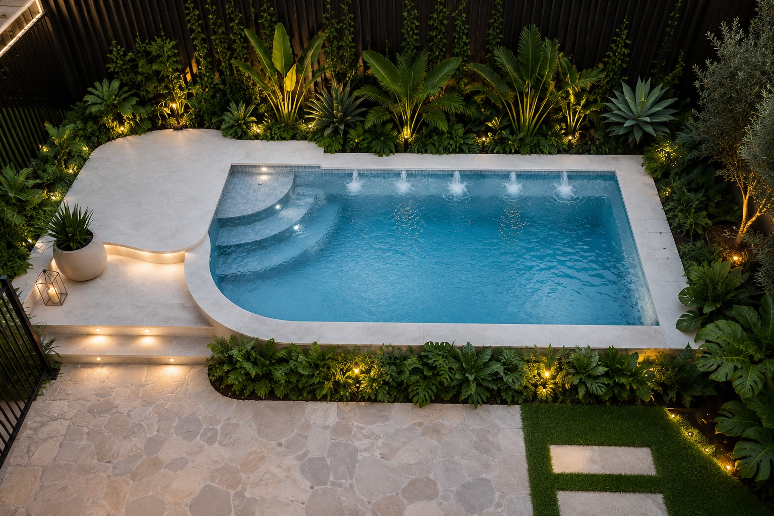 Compact backyard pool with illuminated entry steps and blue LED lighting