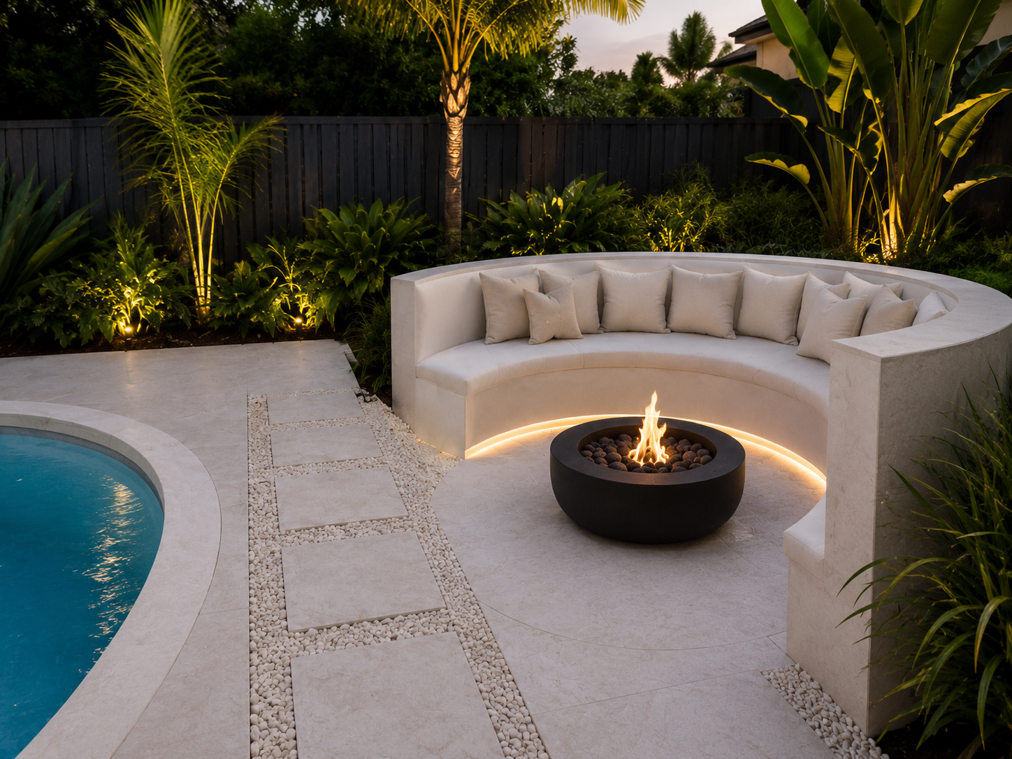 Curved concrete pool seating area with fire pit and landscaped backyard