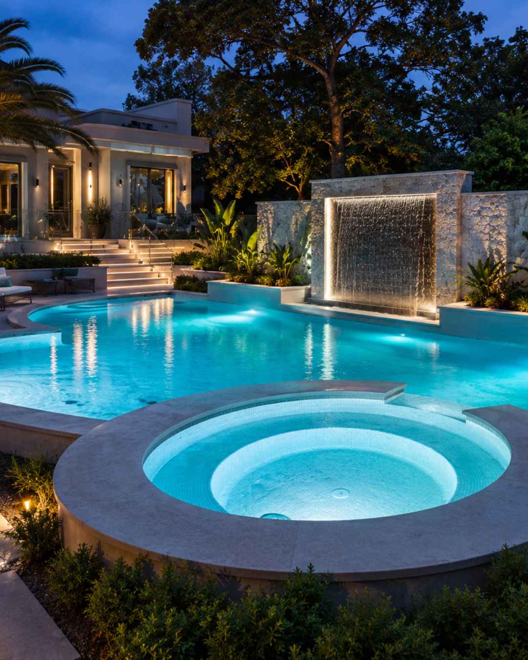 LED pool lighting illuminating a modern Sydney backyard swimming pool at night