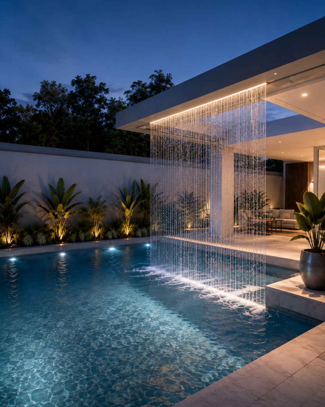 Custom swimming pool with rain curtain water feature by Blue Haven Pools