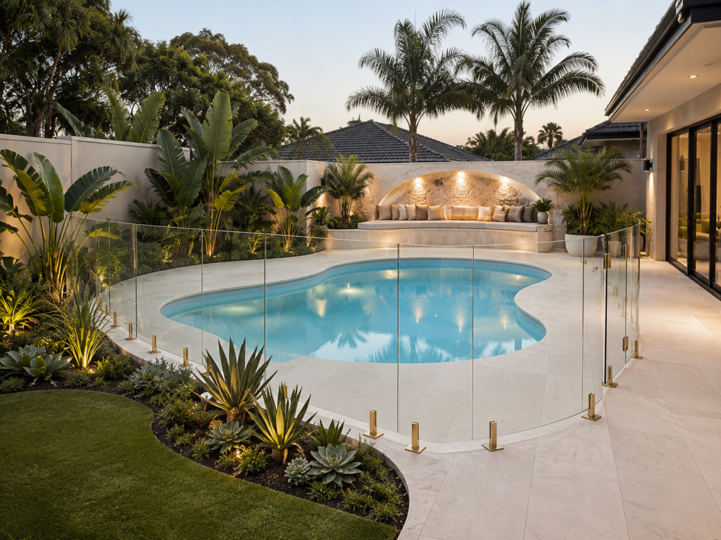 Frameless glass pool fencing surrounding a luxury backyard pool with tropical landscaping and outdoor lighting