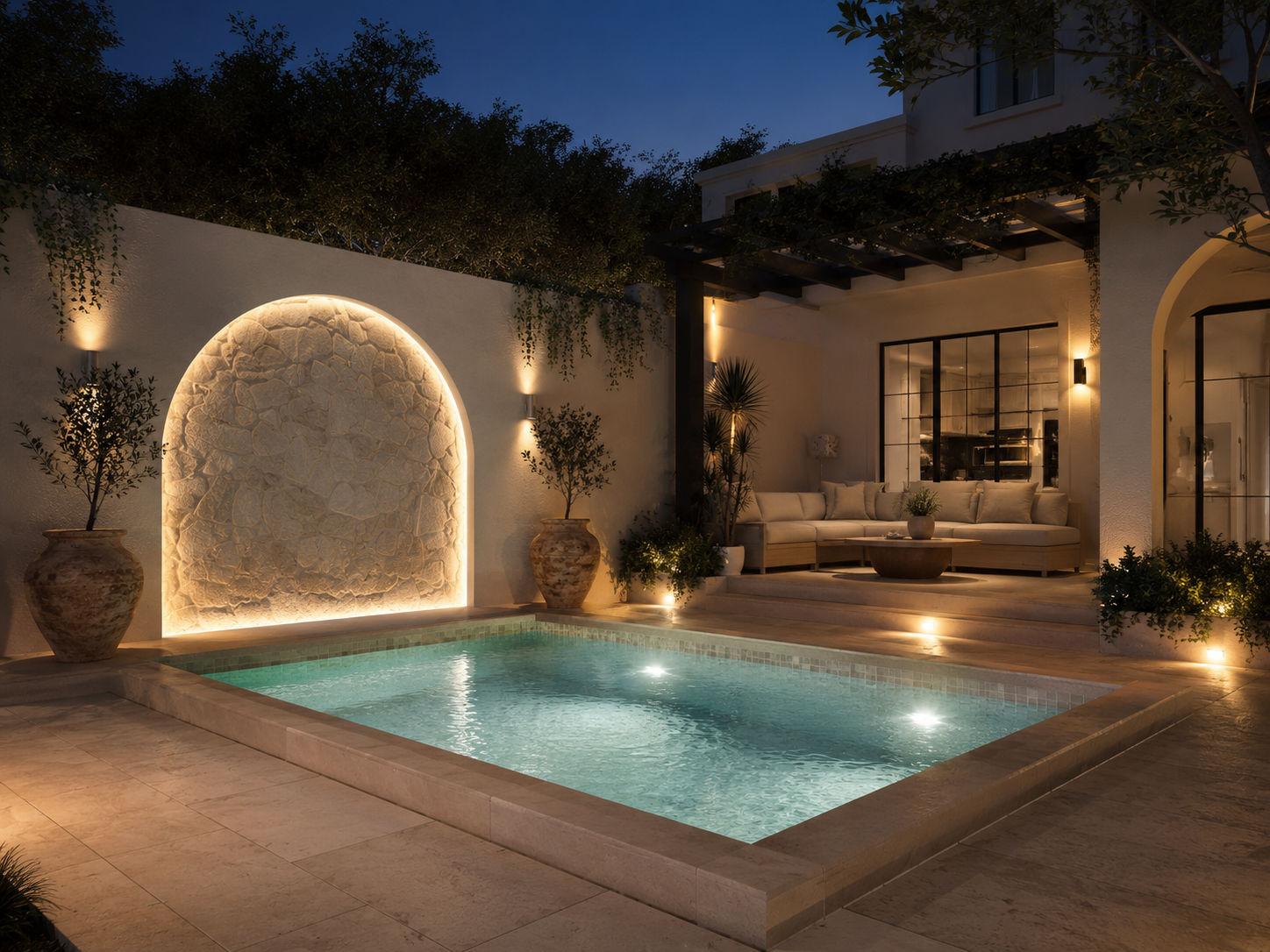 Compact swimming pool with blue LED lighting and an illuminated circular feature wall in Sydney
