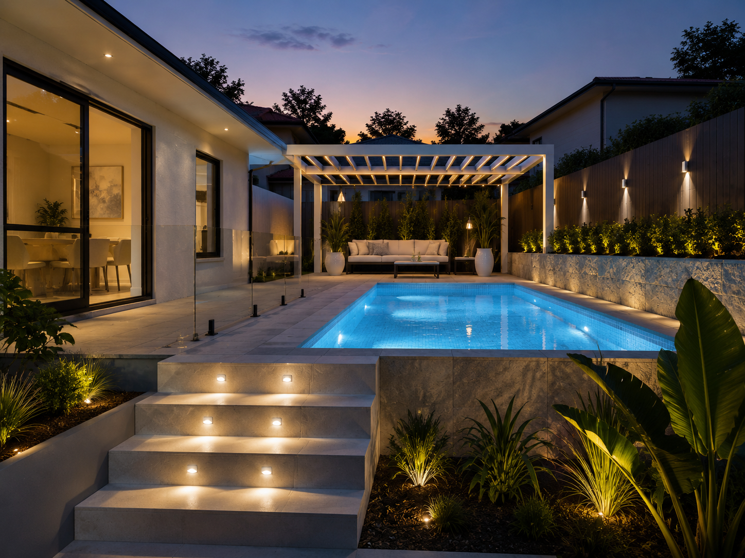 Modern residential swimming pool illuminated with blue LED lights at dusk in Sydney
