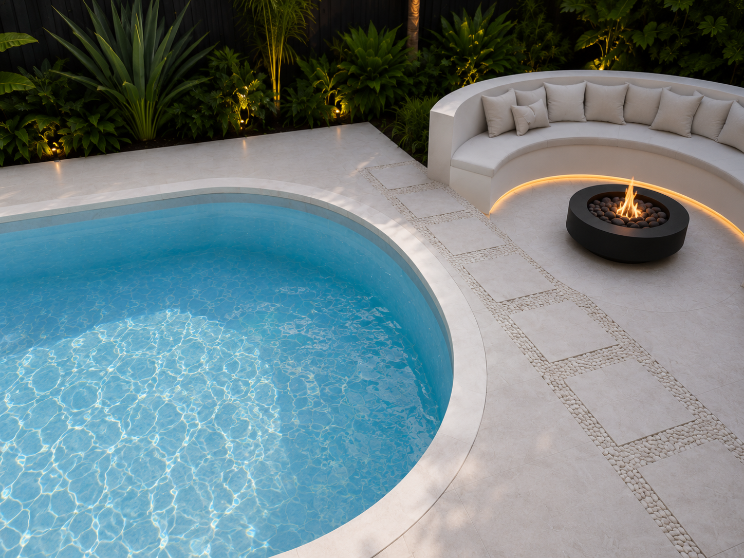 Luxury concrete pool catalogue design with fire pit and outdoor entertaining area
