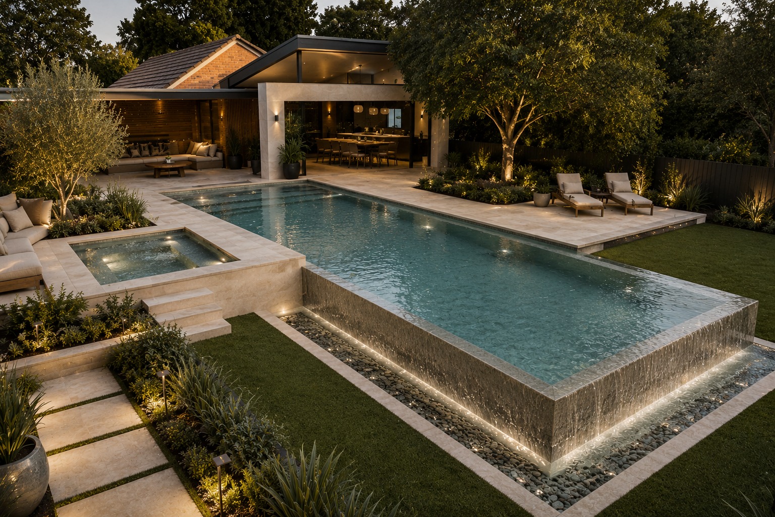 Luxury residential swimming pool with LED perimeter lighting and modern landscaping in Sydney
