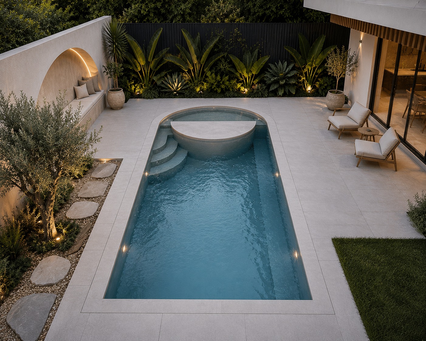 Contemporary rectangular pool with round spa and integrated LED lighting