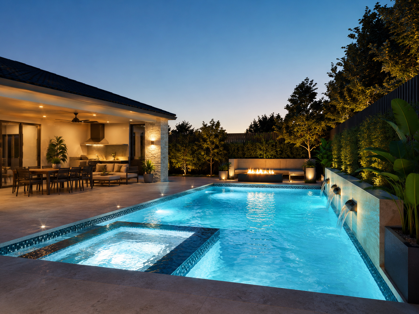 Modern swimming pool with blue LED lighting and illuminated entry steps in a Sydney backyard