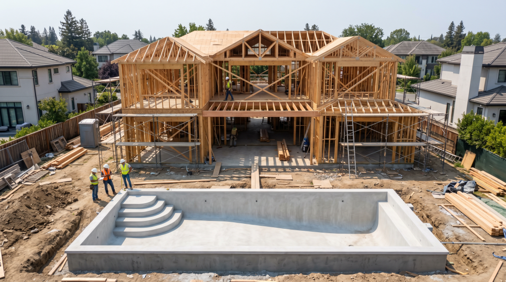 Concrete swimming pool shell installed on a vacant block before construction of the new timber-framed home is completed
