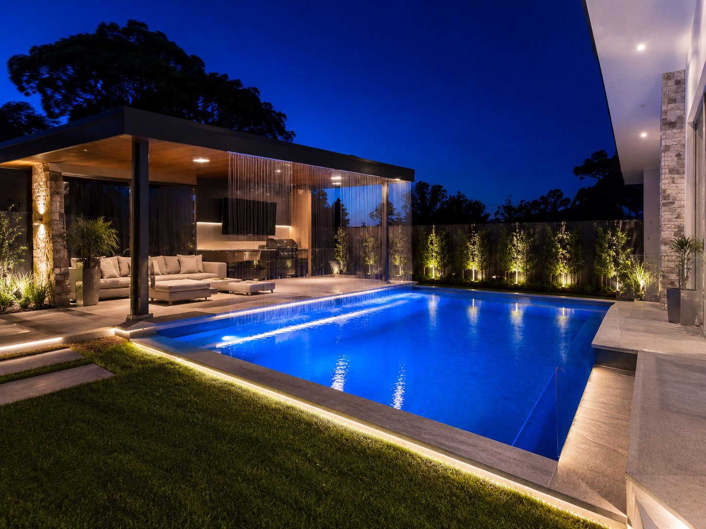 Blue LED pool lighting combined with warm landscape lights in a Sydney backyard