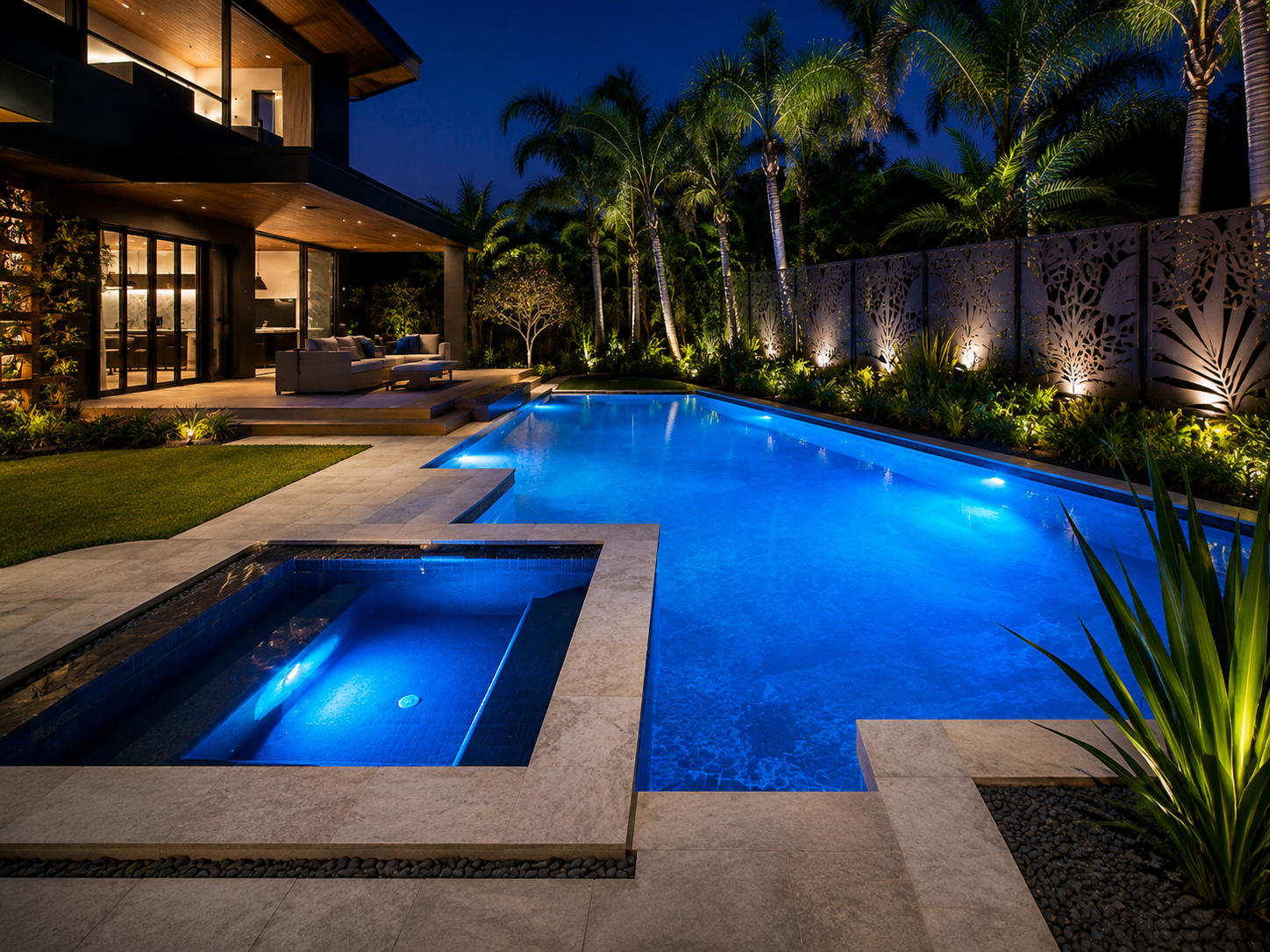 Blue LED pool lighting in a tropical landscaped Sydney backyard