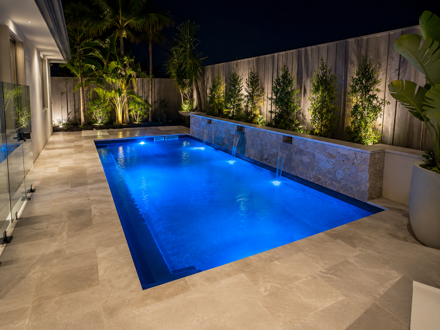 Blue LED swimming pool lighting with an illuminated feature wall in Sydney