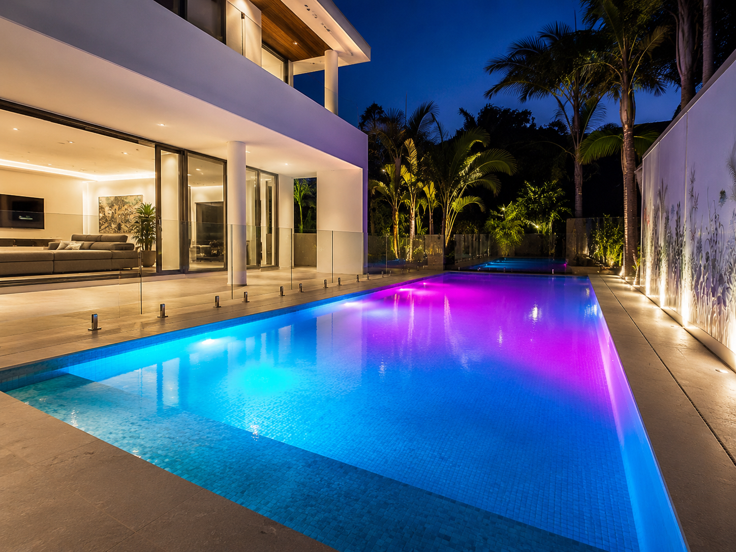 Modern Sydney backyard pool illuminated with blue LED pool lighting at night