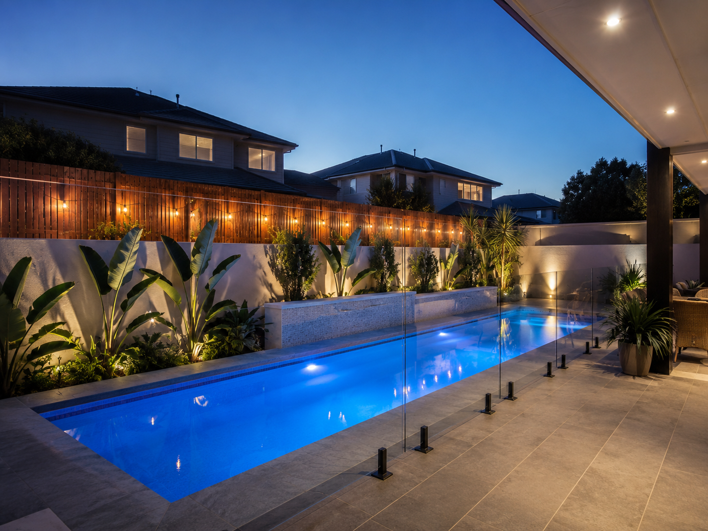 Modern pool with blue LED lighting and frameless glass fencing in Sydney