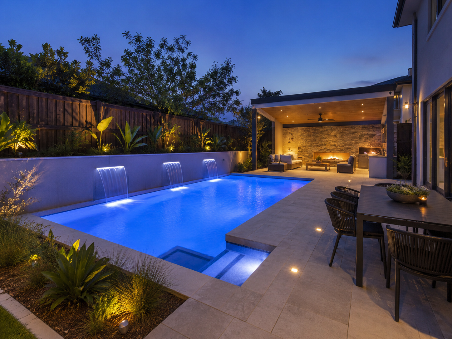 LED pool lights illuminating a Sydney swimming pool with sheer descent waterfalls at night