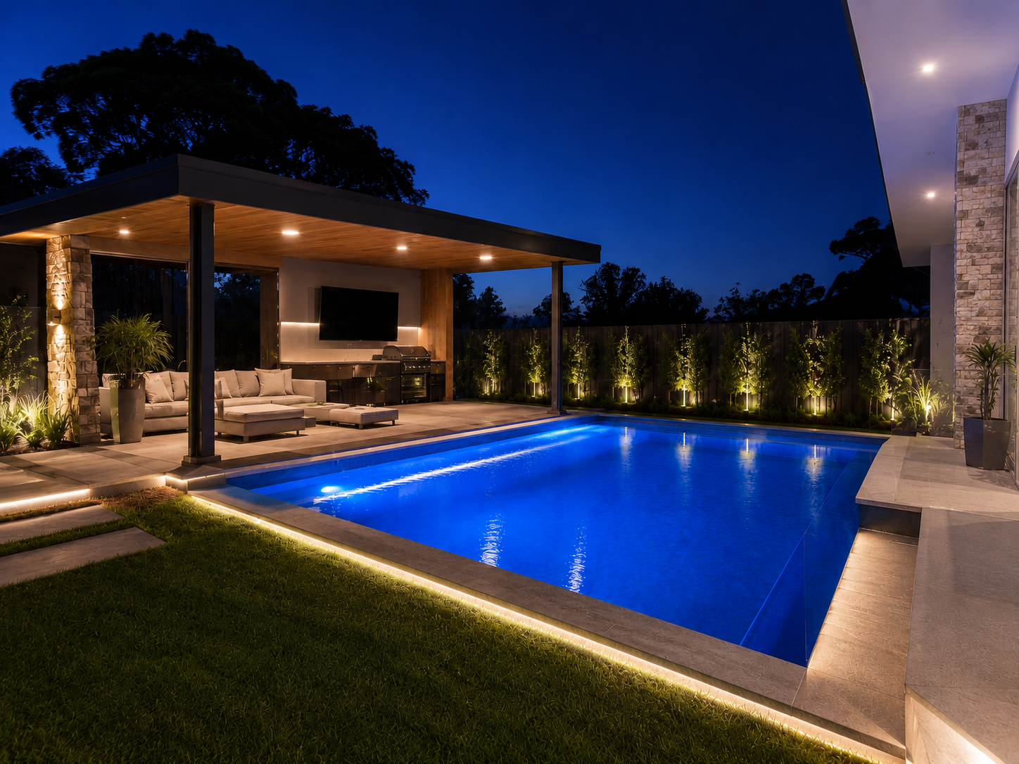 Luxury Sydney home with a swimming pool illuminated by blue LED lights