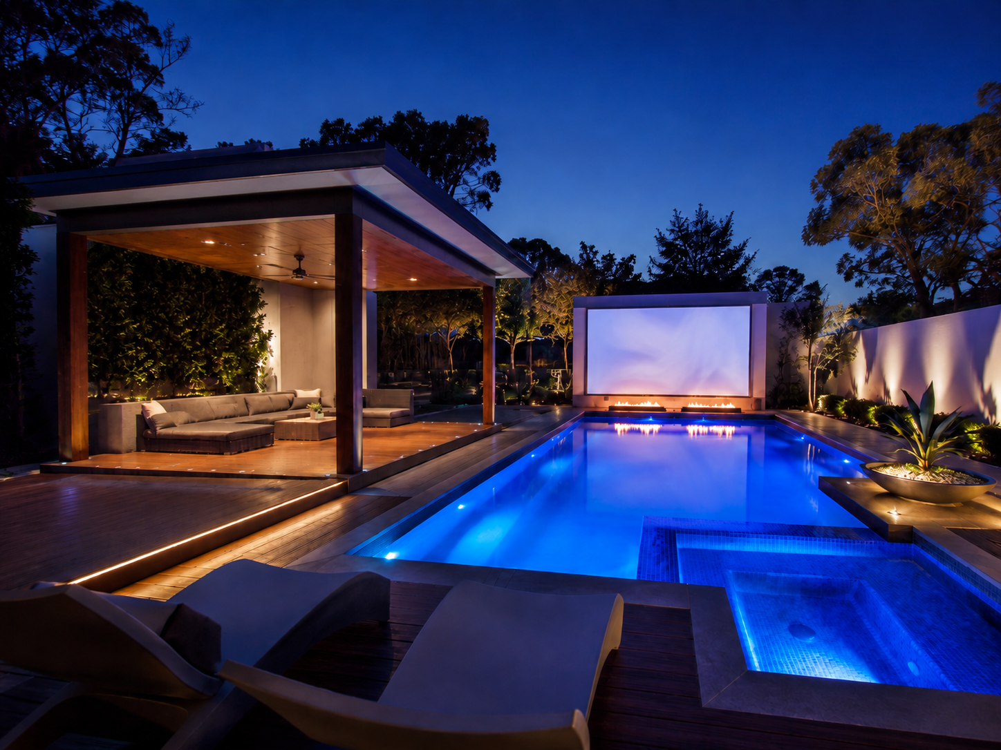 Luxury Sydney swimming pool illuminated with colour-changing RGB pool lights