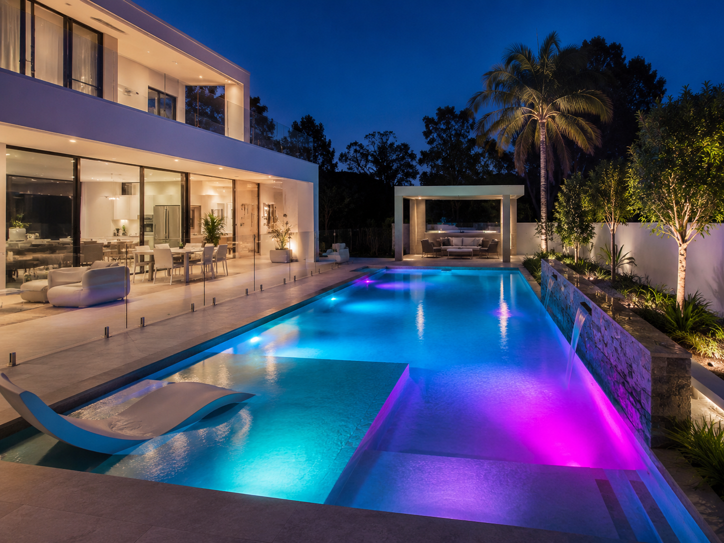 Sydney backyard swimming pool illuminated with multicolour LED pool lights