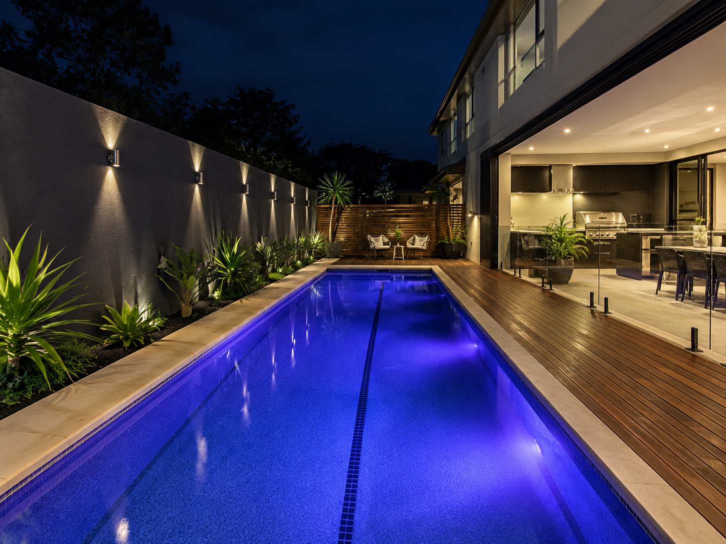 Long lap pool illuminated with purple and blue LED pool lights in Sydney