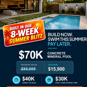 Blue Haven Pools summer promotion featuring a modern Sydney backyard pool, $70K concrete mineral pool package, $15,900 savings, flexible payment options and an 8-week build offer.