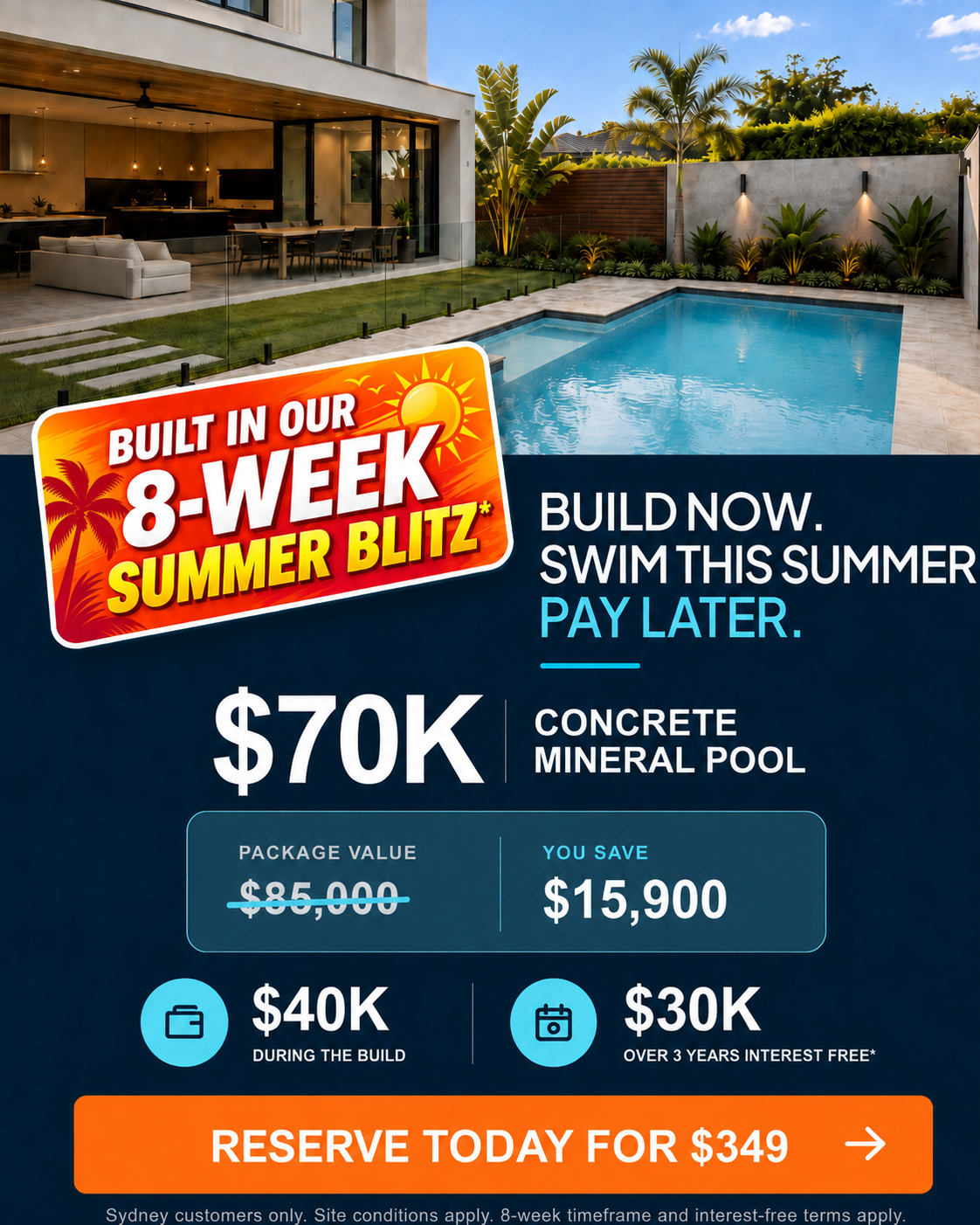 Blue Haven Pools summer promotion featuring a modern Sydney backyard pool, $70K concrete mineral pool package, $15,900 savings, flexible payment options and an 8-week build offer.