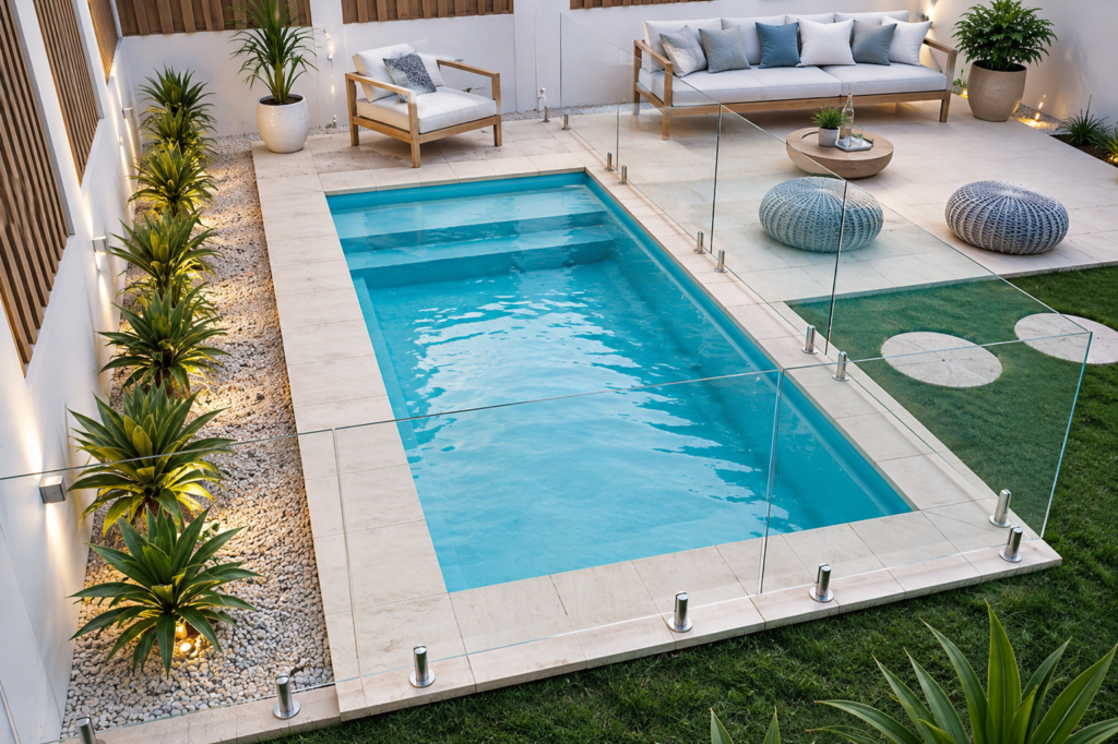 Modern rectangular fibreglass swimming pool with glass fencing, light stone paving and landscaped backyard.