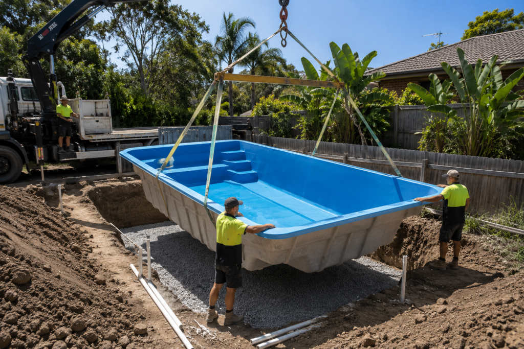 Fibreglass swimming pool shell being lowered by crane into a prepared backyard excavation during installation.