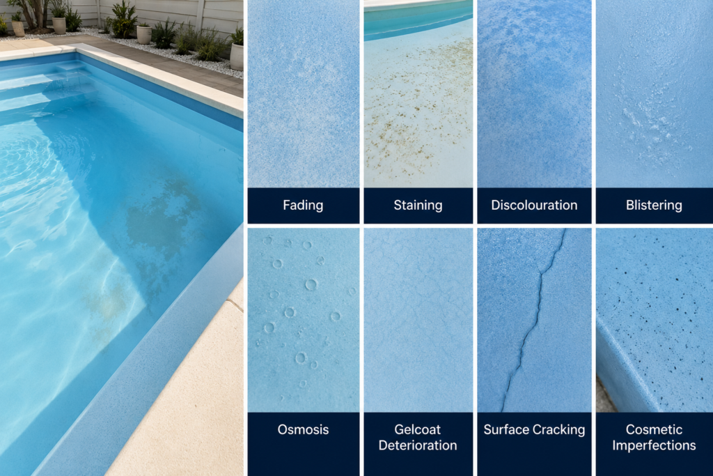 Fibreglass pool surface examples showing fading, staining, discolouration, blistering, osmosis, gelcoat deterioration and surface cracking.