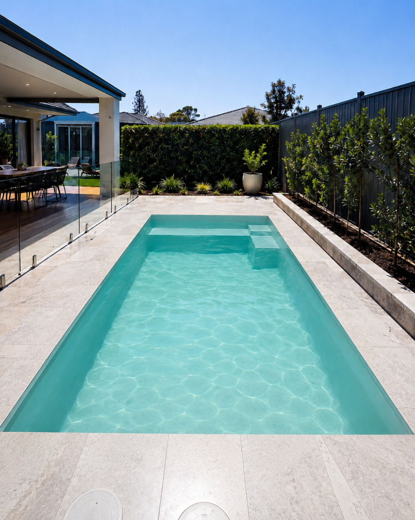 Custom concrete swimming pool integrated with a modern home, landscaping, steps, outdoor living areas and architectural features.