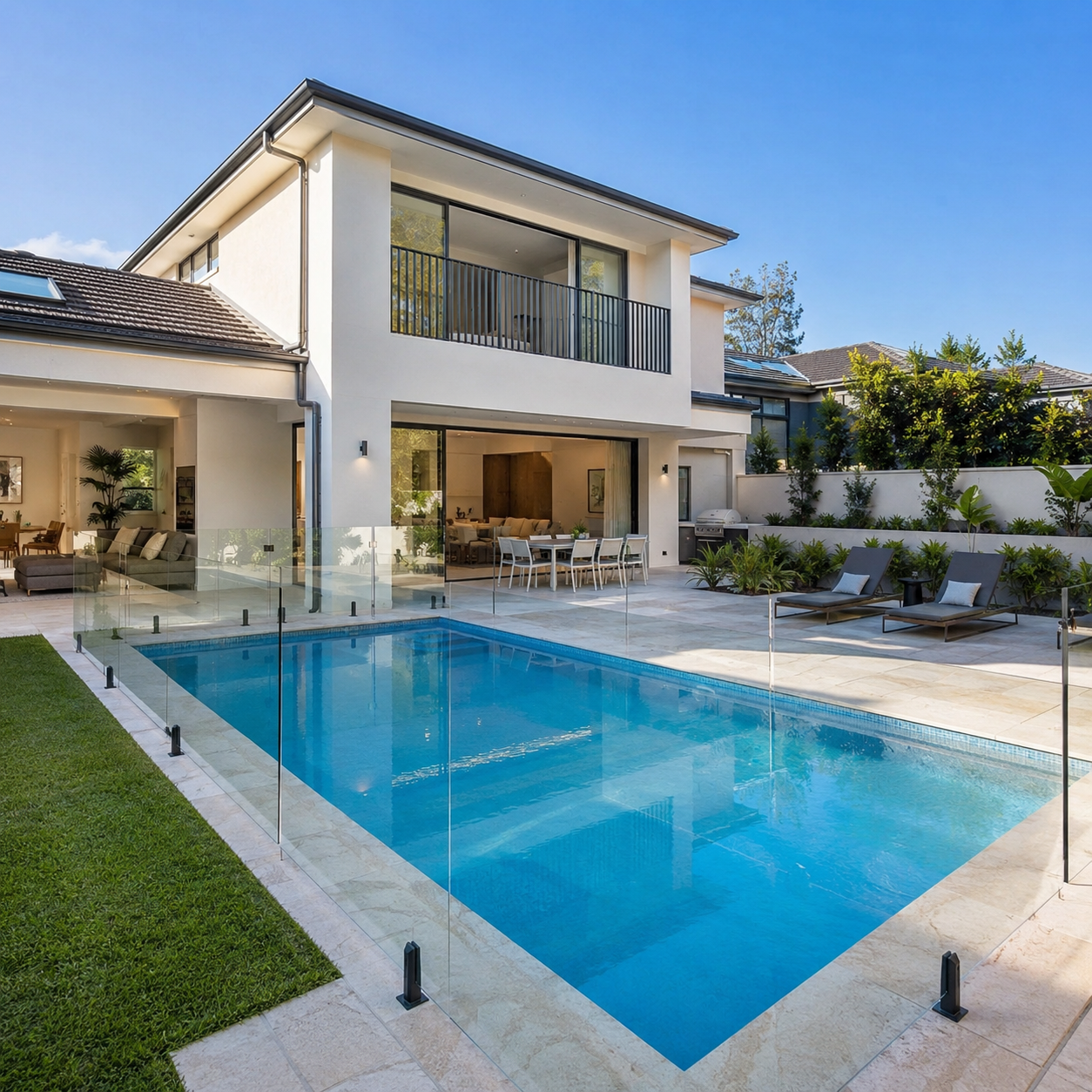 Family enjoying a backyard swimming pool