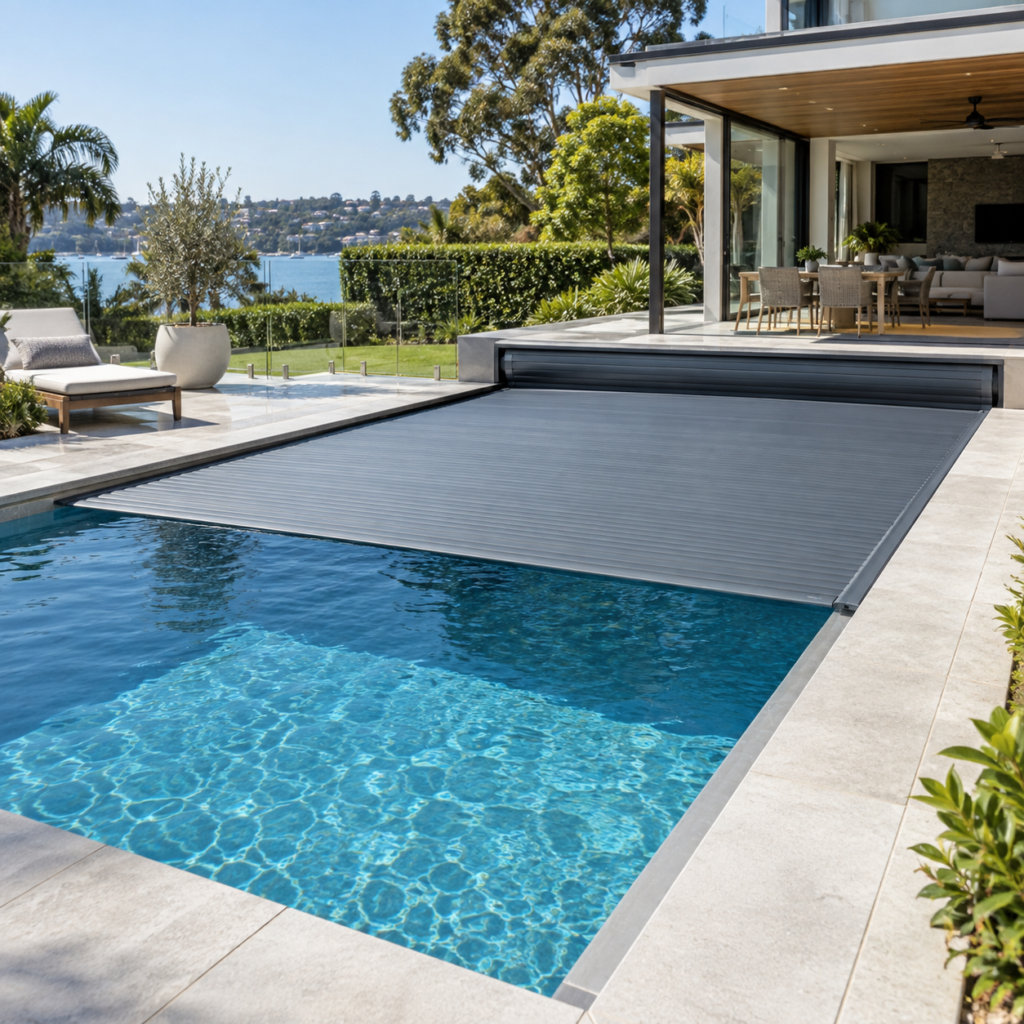 Automatic swimming pool cover partially extended over a modern Australian backyard pool