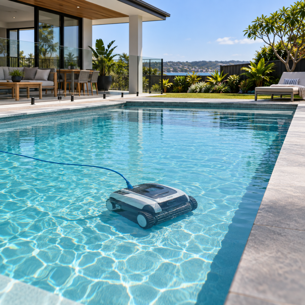 Robotic pool cleaner operating in a clean modern Australian backyard swimming pool