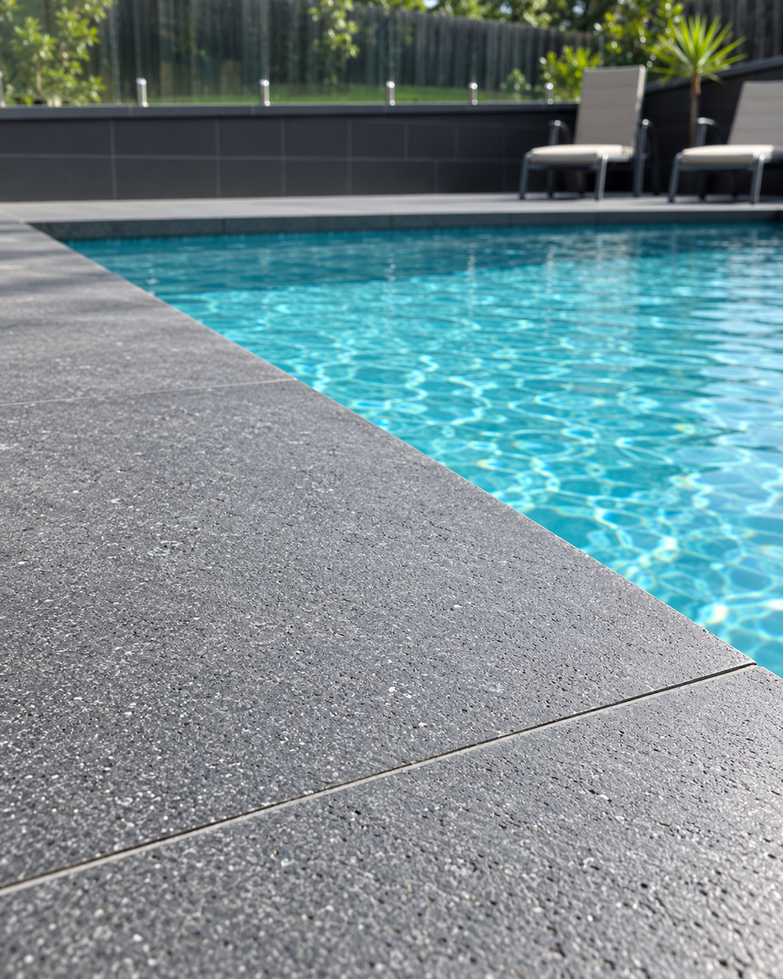 Carbon grey pool tile material beside a modern swimming pool