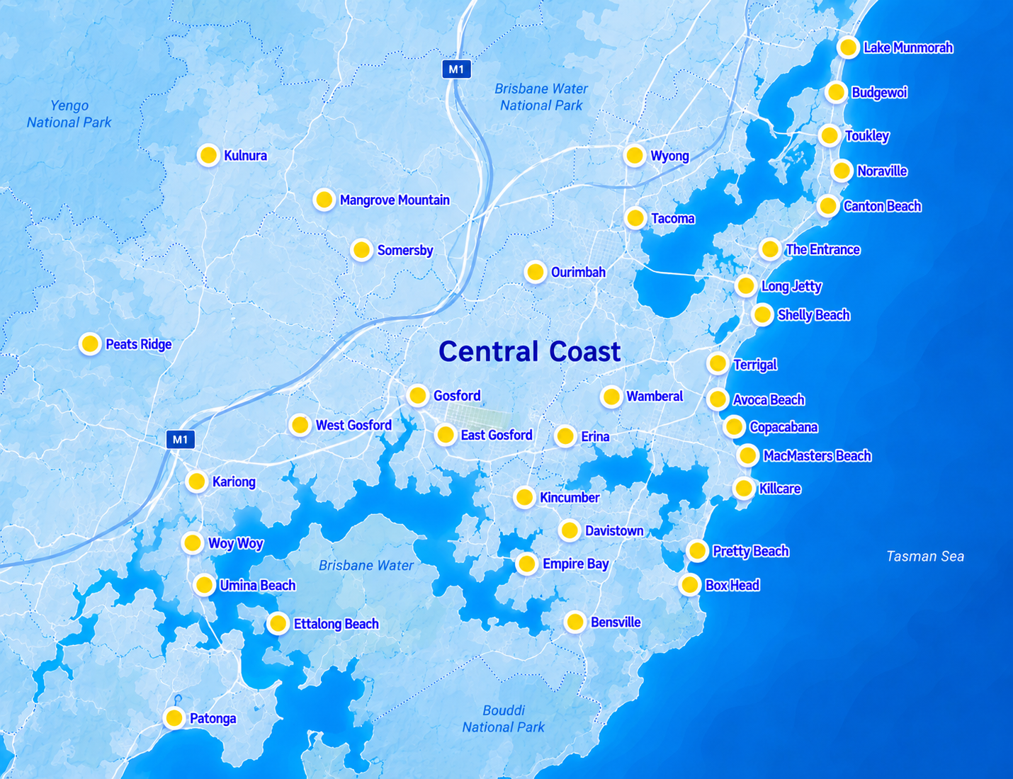 Central Coast NSW service area map showing Blue Haven pool building locations and suburbs