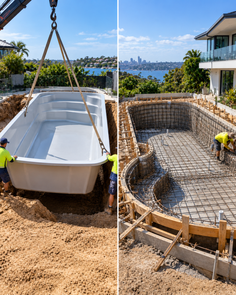Comparison of fibreglass pool shell installation and steel-reinforced concrete pool construction in Sydney