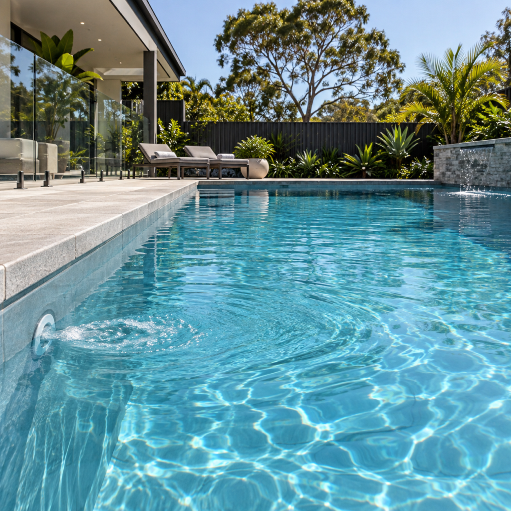 Clear swimming pool water showing effective circulation in a modern Australian backyard pool
